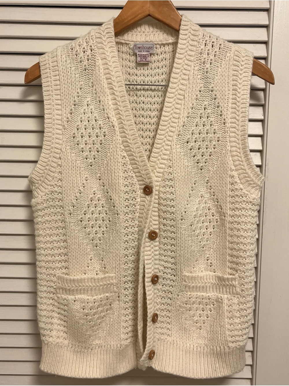 Vintage Cream Knit Button-Front Vest Womens Med